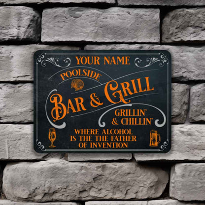 Poolside Bar and Grill Sign Old Bark Blue and Orange Where Alcohol is the Father Of Invention