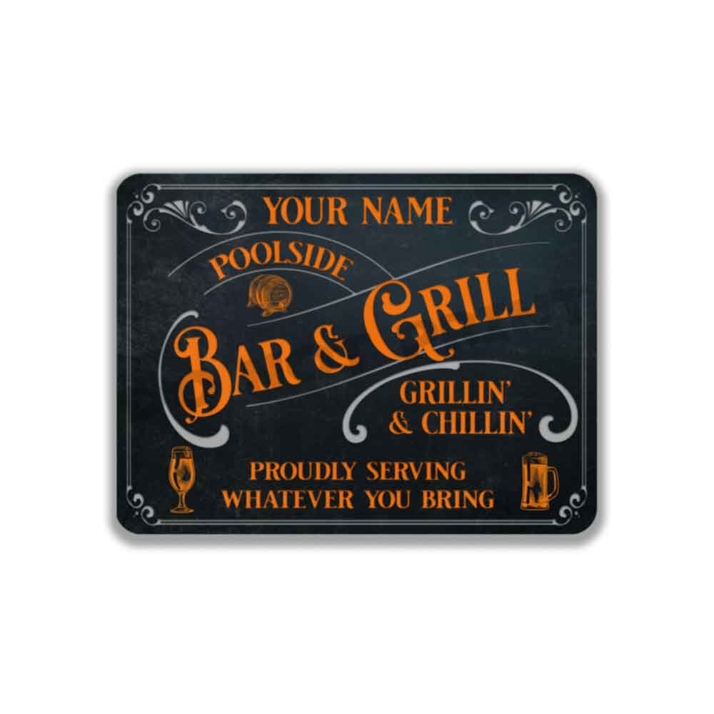 Poolside Bar and Grill Sign Old Bark Blue and Orange Proudly Serving Whatever You Bring