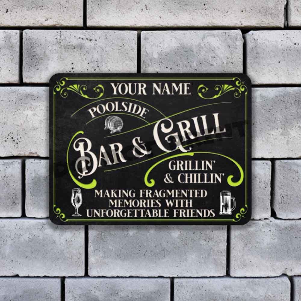 Poolside Bar and Grill Sign Black and Green Fragmented Memories with Friends