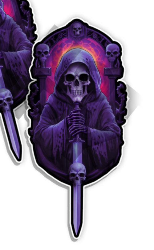 Purple Grim Reaper Monster Horror Skull Die Cut Mirrored Stickers