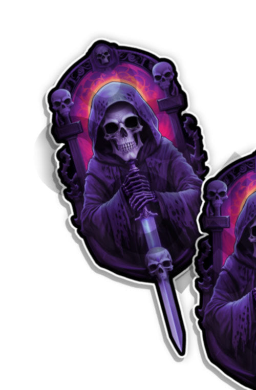 Purple Grim Reaper Monster Horror Skull Die Cut Mirrored Stickers