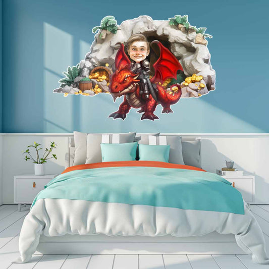 Child Riding a Dragon Wall Decals - Caricature Mural From Photo