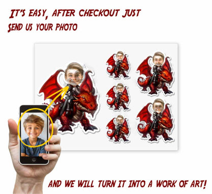Personalized Child Riding a Red Dragon Caricature from Photo Sticker - 6 Pack