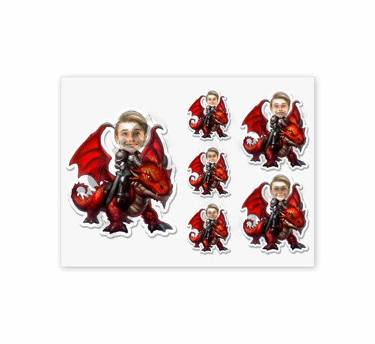 Personalized Child Riding a Red Dragon Caricature from Photo Sticker Pack ~ 6 Pack