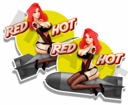 Red Hot Pin Up Bomber Sexy Vintage Sticker WW2 Nose Art Mirrored Decals