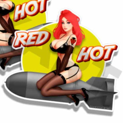 Red Hot Pin Up Bomber Sexy Vintage Sticker WW2 Nose Art Mirrored Decals