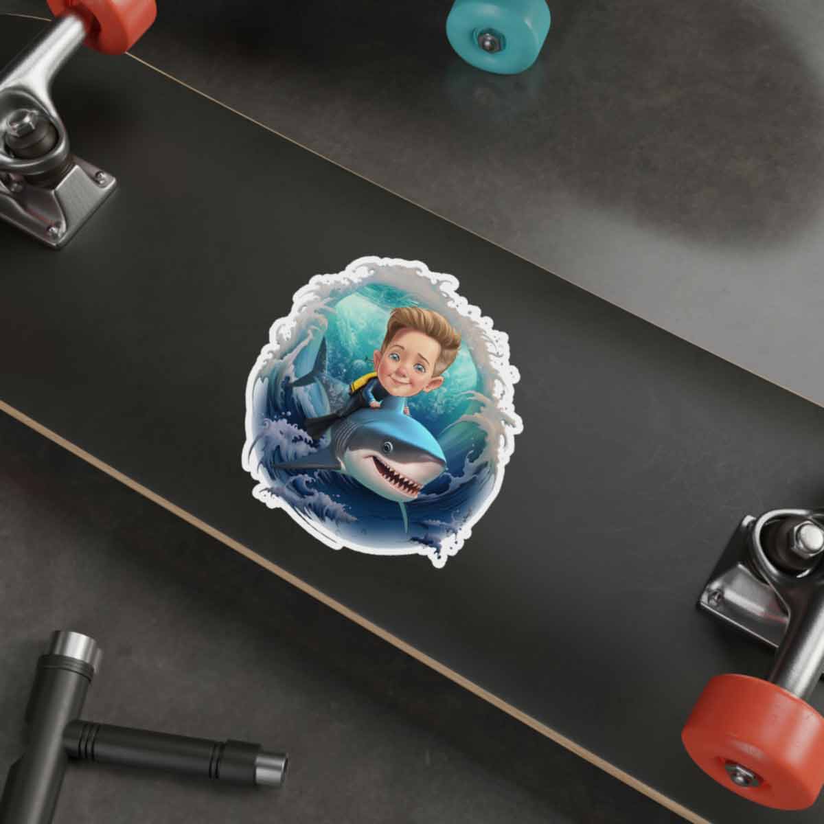 Personalized Child Riding a Shark Caricature from Photo Sticker - 6 Pack
