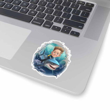 Personalized Child Riding a Shark Caricature from Photo Sticker - 6 Pack
