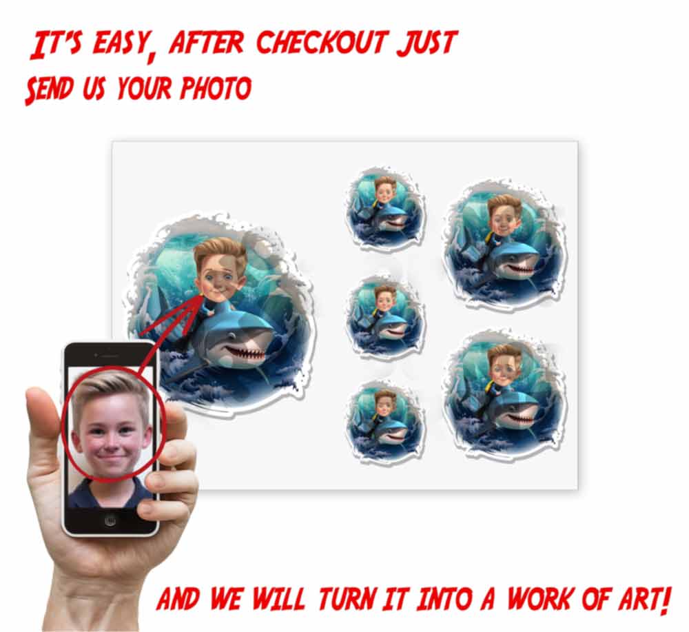 Personalized Child Riding a Shark Caricature from Photo Sticker - 6 Pack