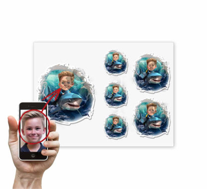 Personalized Child Riding a Shark Caricature from Photo Sticker - 6 Pack