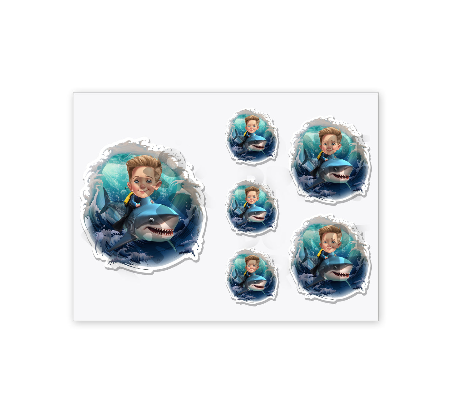 Personalized Child Riding a Shark Caricature from Photo Sticker - 6 Pack