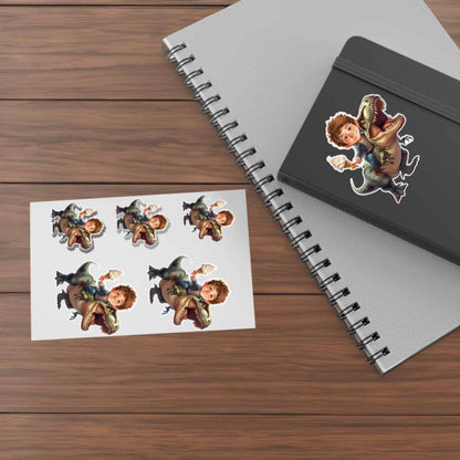 Personalized Child Riding a T Rex Caricature from Photo Sticker - 6 Pack