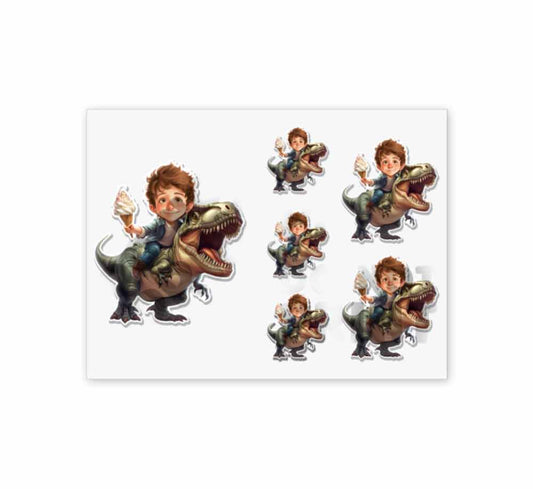 Personalized Child Riding a T Rex Caricature from Photo Sticker - 6 Pack