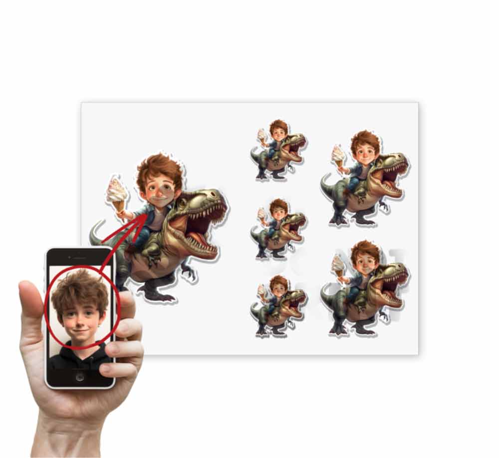 Personalized Child Riding a T Rex Caricature from Photo Sticker - 6 Pack