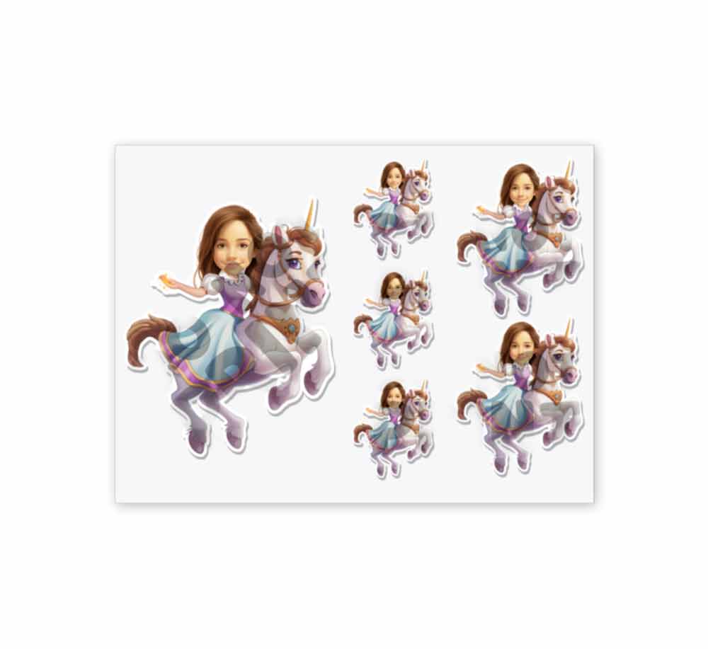 Personalized Child Riding a Unicorn Caricature from Photo Sticker - 6 Pack