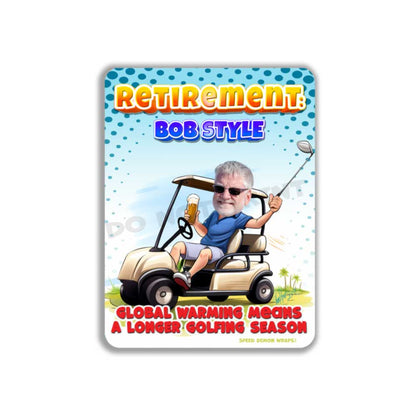 Personalized Retirement Metal Sign Caricature Golfing Portrait from Photo 12" x 9”