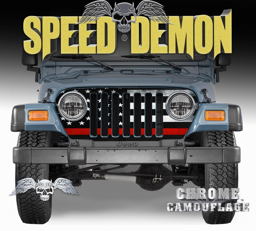 1997-2006 Jeep Grill Wraps American Flag Subdued Red Line - Speed Demon Wraps