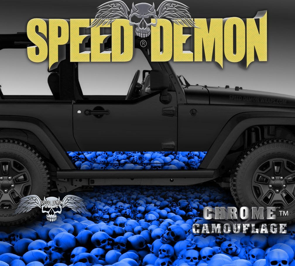 2007-2017 2 Door Jeep Wrangler Rocker Wrap SKULL CRUSHER Blue - Speed Demon Wraps