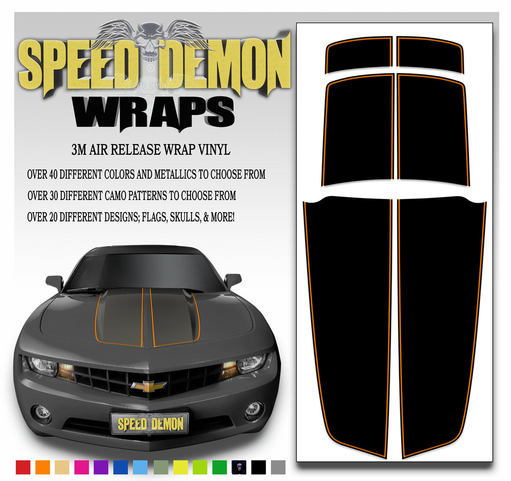 Black Camaro Racing Stripes with Orange Pinstripe