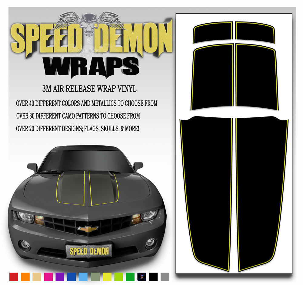 Black Camaro Racing Stripes with Yellow Pinstripe