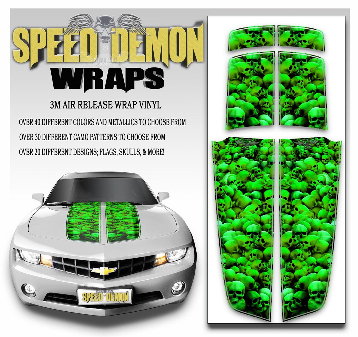 Camaro Racing Stripes SKULLS Bright Green 2010-2015 UNHALLOWED GROUND - Speed Demon Wraps