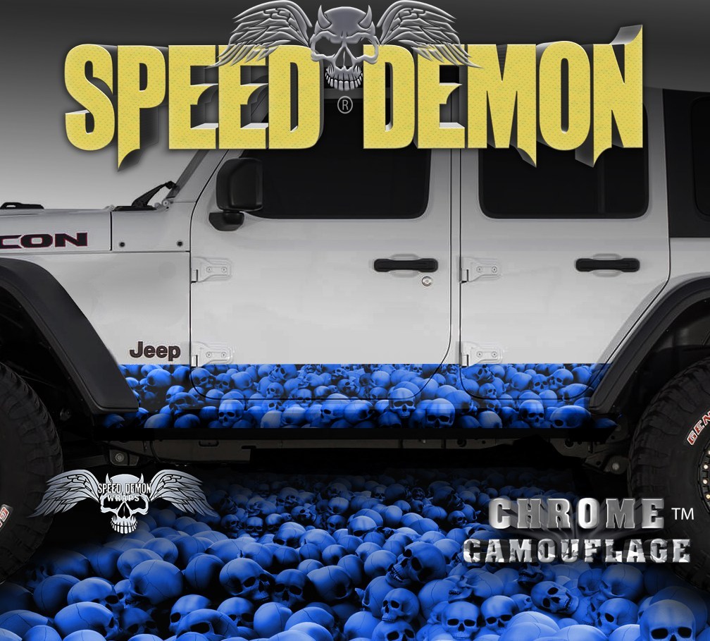 2007-2017 4 Door Jeep Wrangler Rocker Wraps SKULL CRUSHER Blue - Speed Demon Wraps