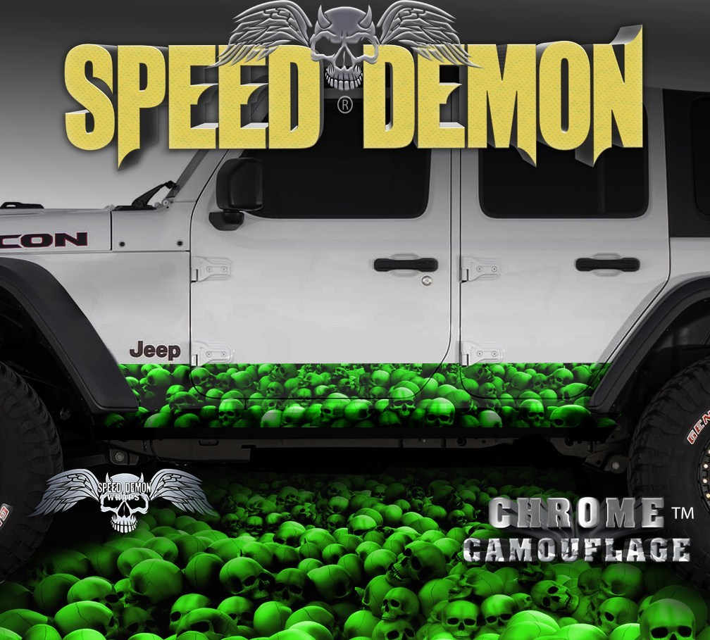 2007-2017 4 Door Jeep Wrangler Rocker Wrap SKULL CRUSHER Green - Speed Demon Wraps