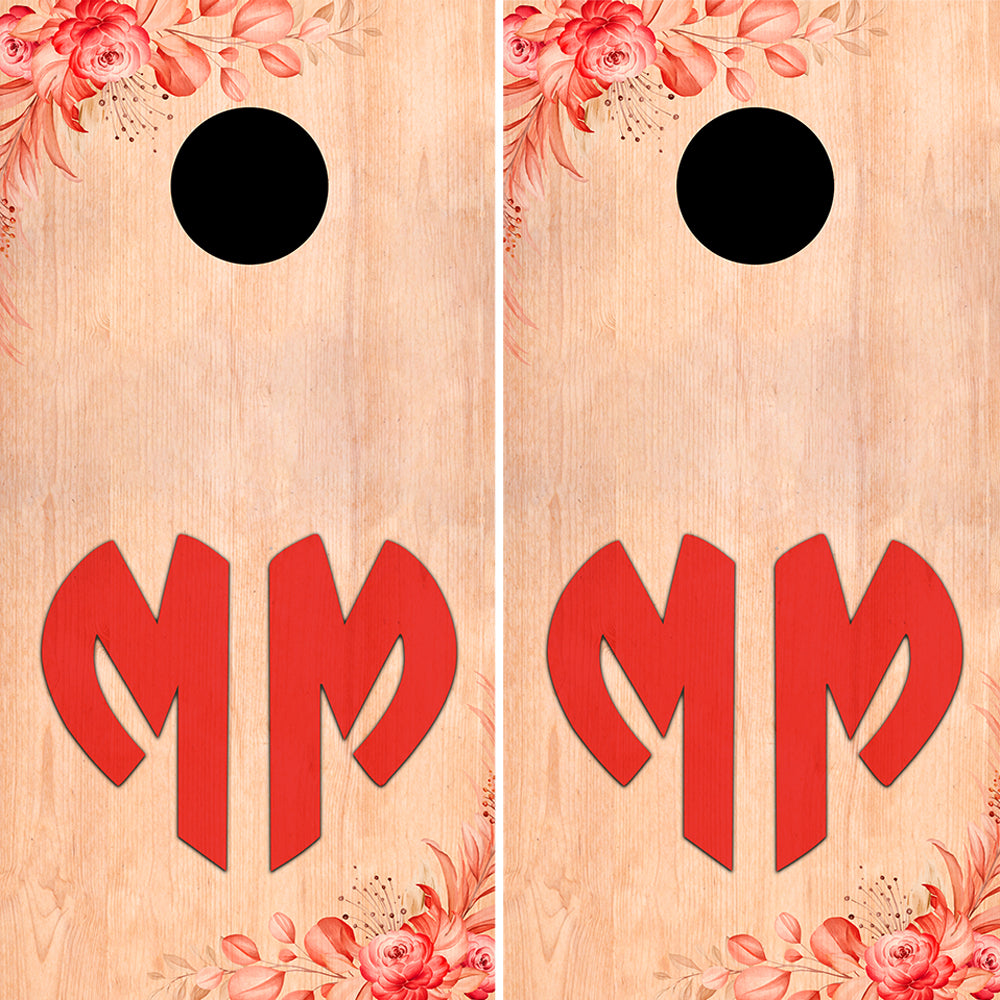 Personalized Monogram Floral Cornhole Wraps Rustic Wooden Maple