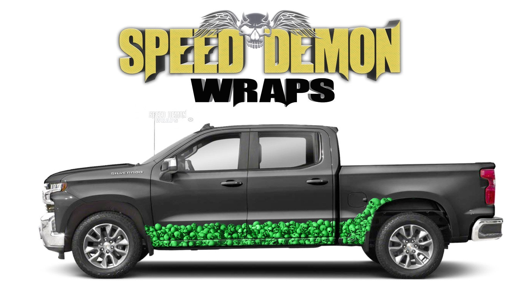 Business Rocker Wrap Chevy Silverado 1500 GREEN SKULL WALL Rocker Wrap Kit – Speed Demon Wraps