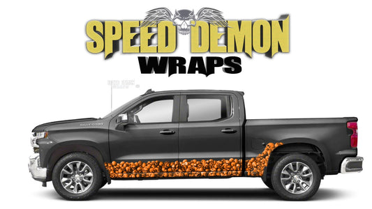 Chevy Silverado 1500 ORANGE SKULL WALL Rocker Wrap Kit - Speed Demon Wraps