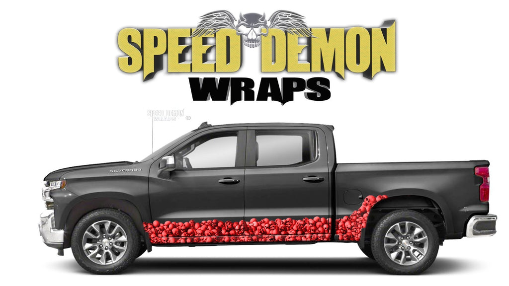 Chevy Silverado 1500 RED SKULL WALL Rocker Wrap Kit - Speed Demon Wraps
