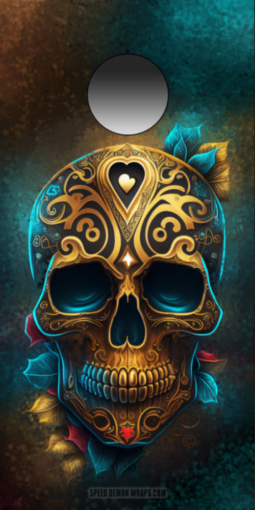 Gold Sugar Skull Day of the Dead or Dia de los Muertos Lavender Lady Cornhole Wraps