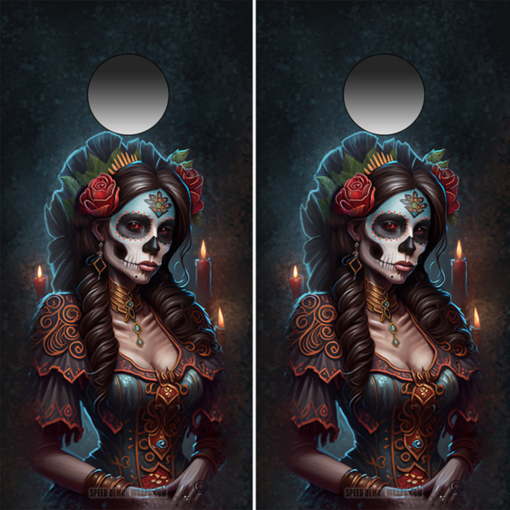 Day Of the Dead Cornhole Wrap Sugar Skull and Lady Of the Dead 2