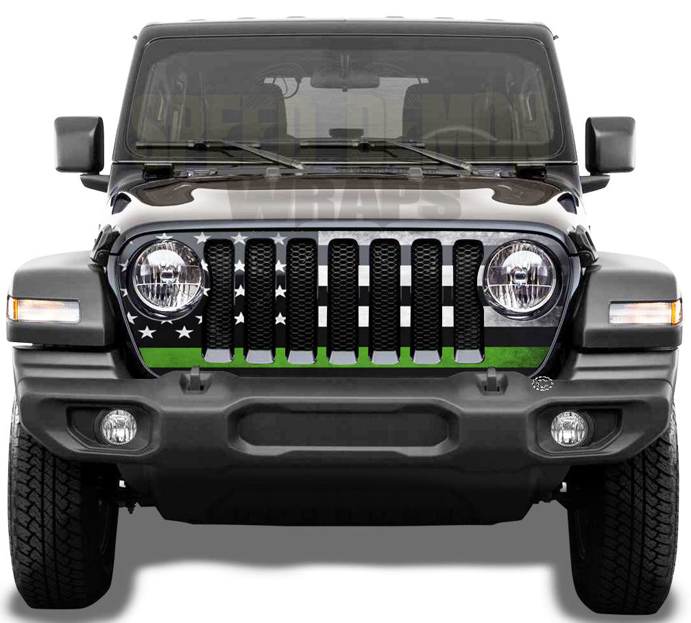 American Flag Jeep Grill Wrap  Green Line JL 2018-2024 JL Models