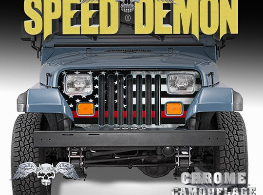 1987-1995 Jeep Grill Wraps American Flag Subdued Red Line Wrangler - Speed Demon Wraps