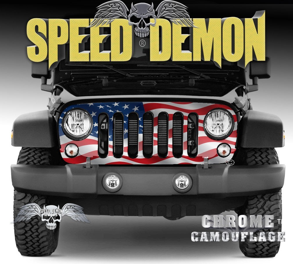 2007-2018 Jeep Grill Wraps Wavy American Flag JK - Speed Demon Wraps
