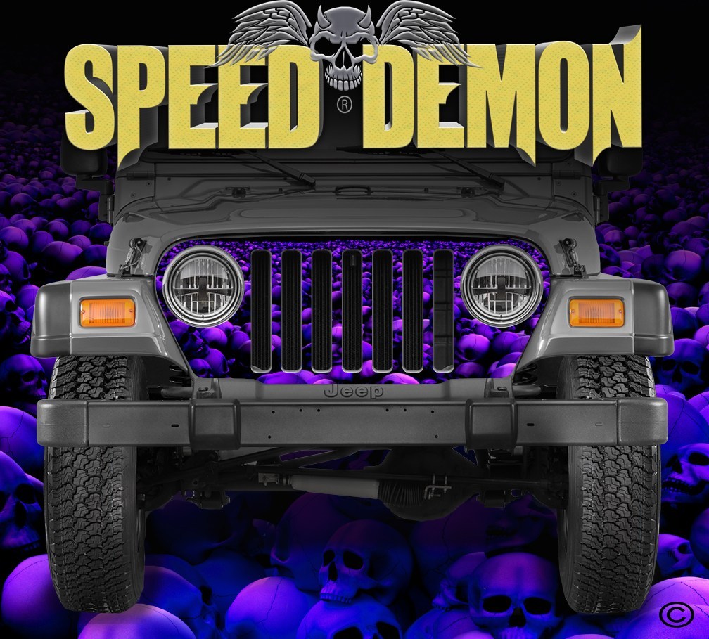 1997-2006 Jeep Grill Wraps Skull Crusher Skulls Blue - Purple Hue - Speed Demon Wraps