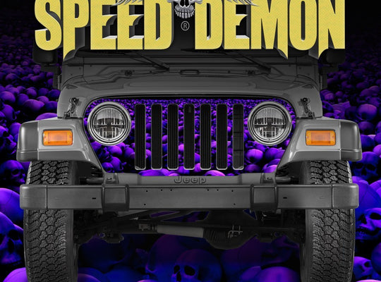 1997-2006 Jeep Grill Wraps Skull Crusher Skulls Blue - Purple Hue - Speed Demon Wraps