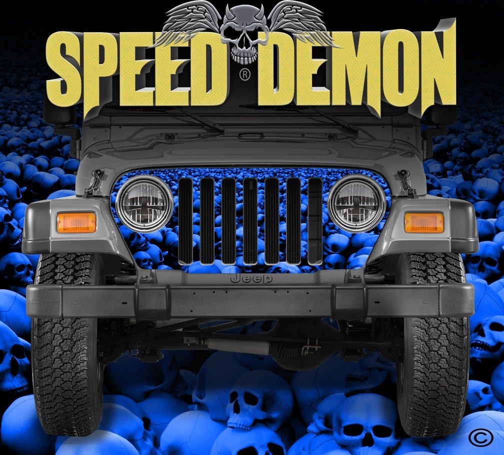 1997-2006 Jeep Grill Wraps Skull Crusher Skulls Blue - Speed Demon Wraps