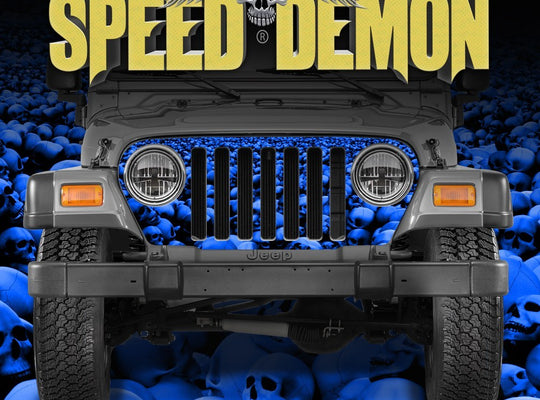 1997-2006 Jeep Grill Wraps Skull Crusher Skulls Blue - Speed Demon Wraps