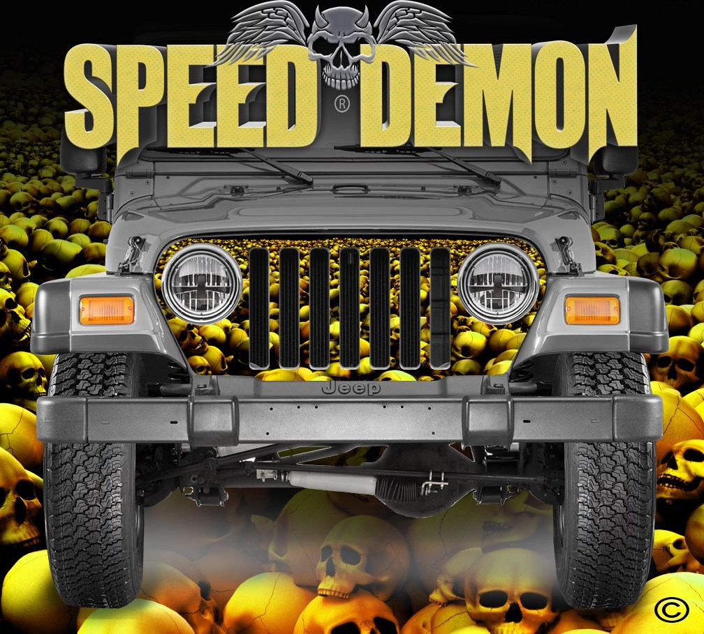 1997-2006 Jeep Grill Wraps Skull Crusher Skulls Gold - Speed Demon Wraps