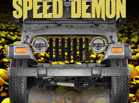 1997-2006 Jeep Grill Wraps Skull Crusher Skulls Gold - Speed Demon Wraps