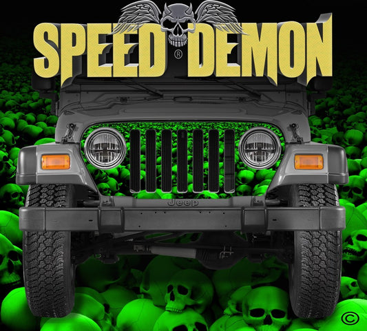 1997-2006 Jeep Grill Wraps Skull Crusher Skulls Green - Speed Demon Wraps