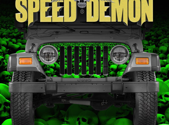1997-2006 Jeep Grill Wraps Skull Crusher Skulls Green - Speed Demon Wraps
