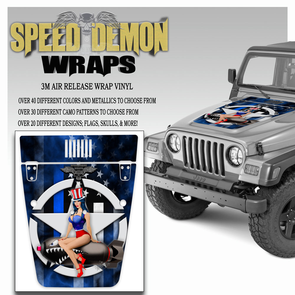 Pin-up American Flag Blue Line Jeep Hood Wrap TJ 1996-2006
