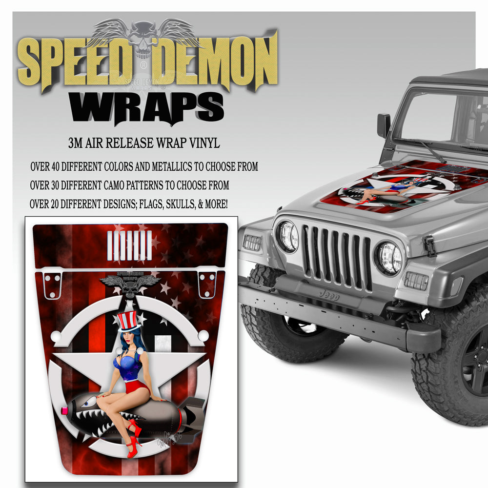 Pin-up American Flag Red Line Jeep Hood Wrap TJ 1996-2006