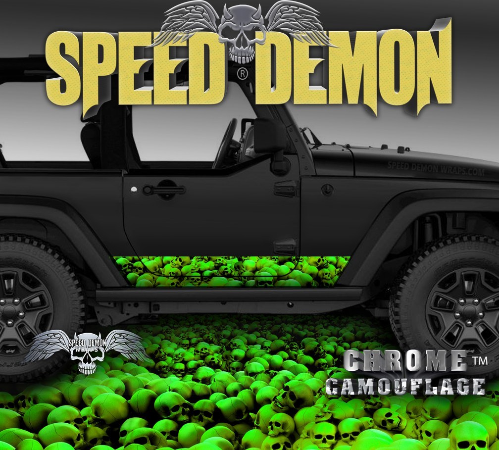 2007-2017 2 Door Jeep Wrangler Rocker Wrap SKULL CRUSHER Green - Speed Demon Wraps