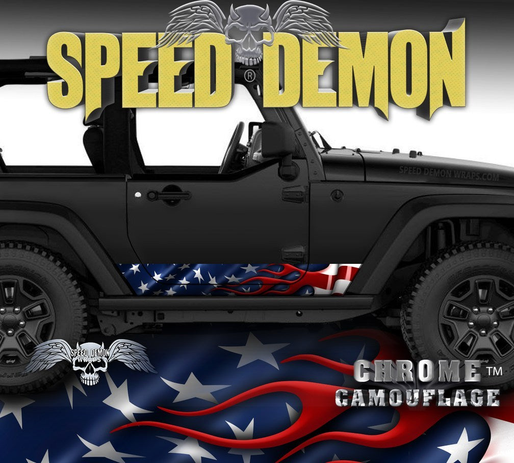 2007- 2017 2 Door Jeep Wrangler Rocker Wraps American Flag - Speed Demon Wraps