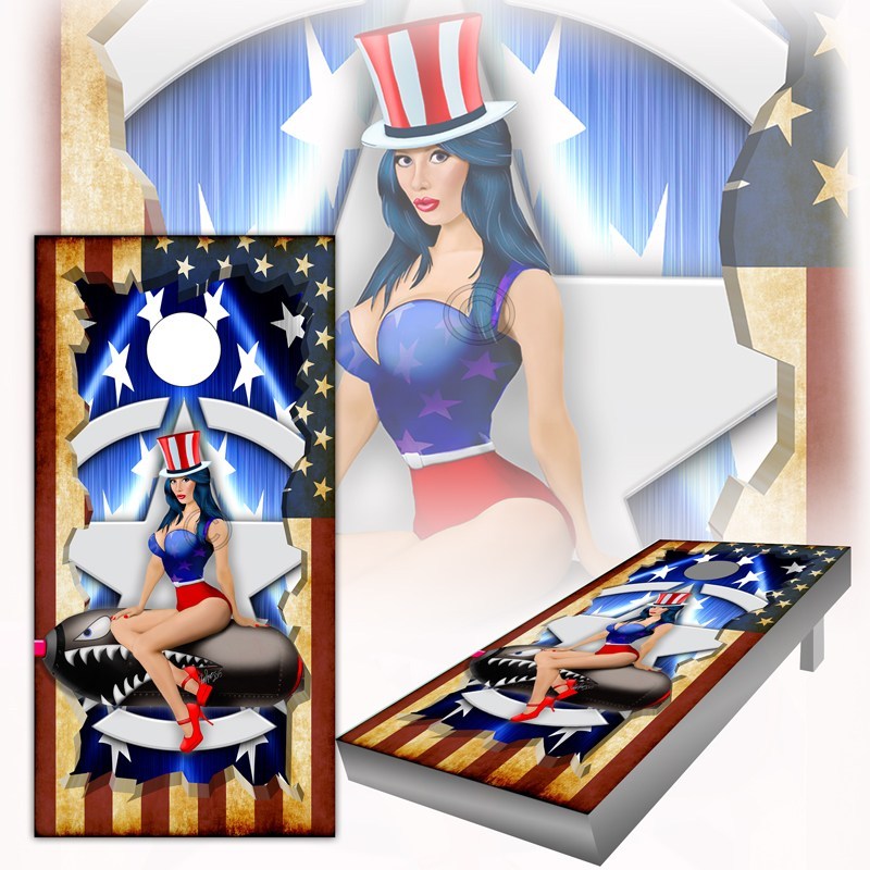 American Flag Pinup Cornhole Board Wraps - Speed Demon Wraps