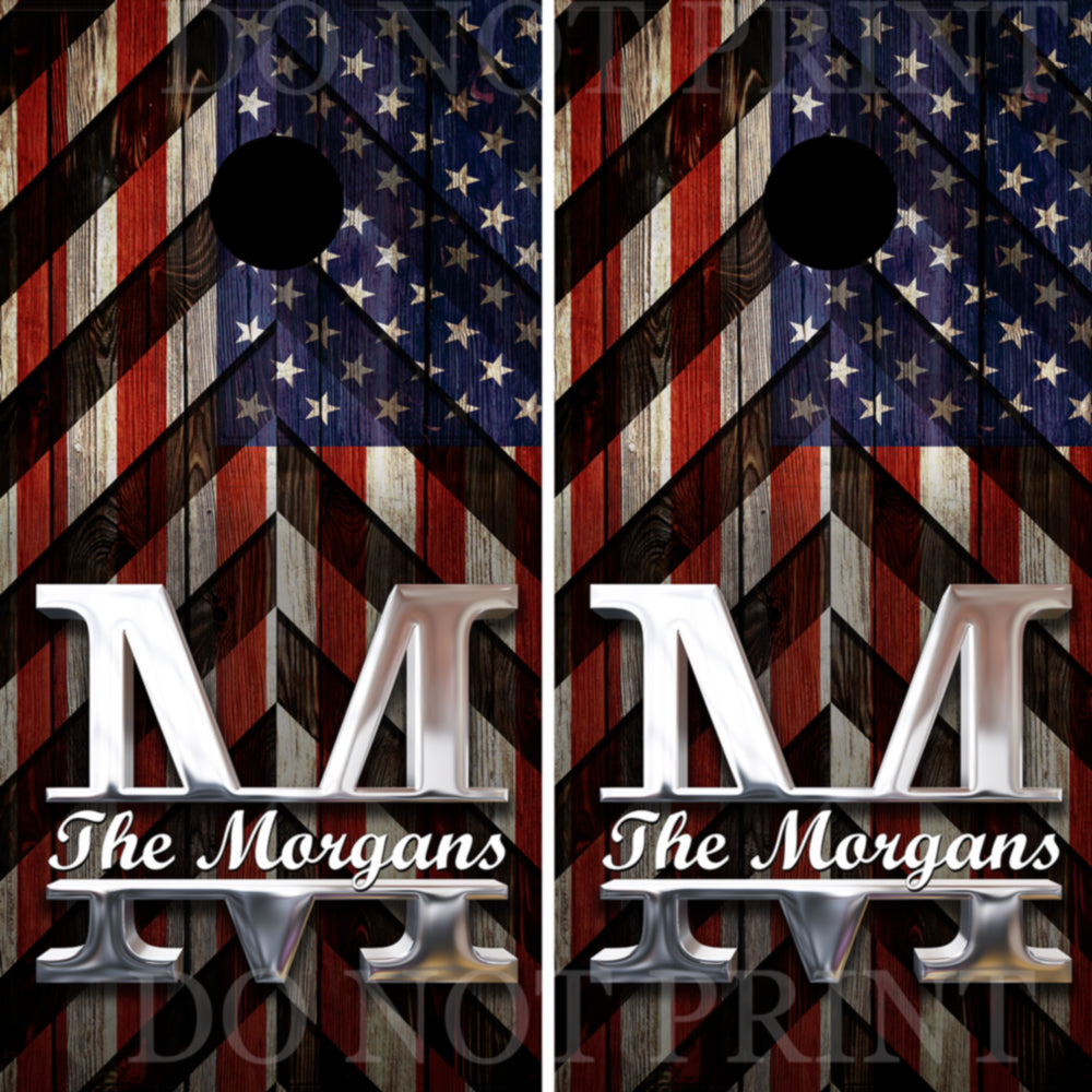 Monogrammed Wood American Flag Cornhole Skins